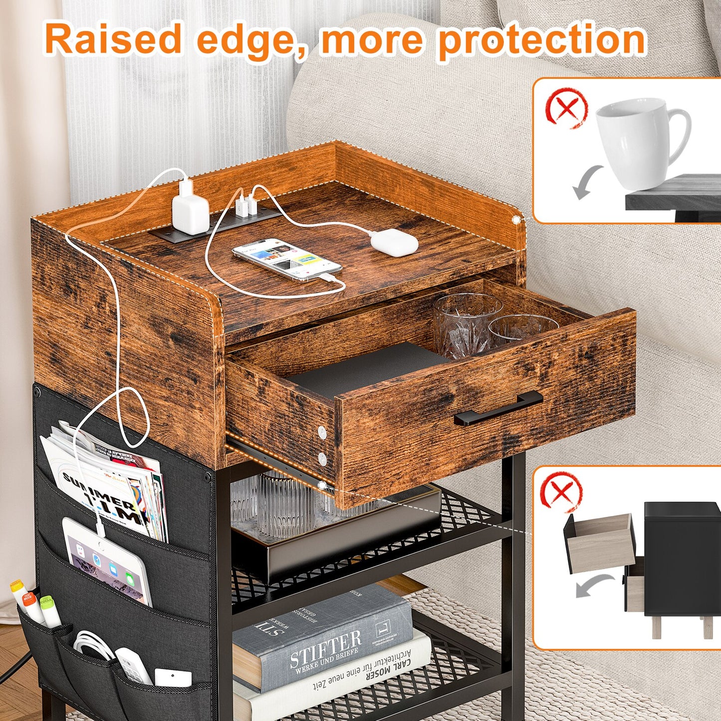 EnHomee Bedroom Nightstands with Charging Station Wood Drawers Bedside Table with 2 USB Ports 2 Outlets Night Stand Furniture