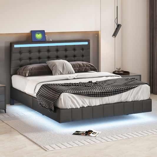 Queen Size Floating PU/Linen Bed Frame W/LED Lights&USB Charging Modern Upholstered Platform Bed Black/White