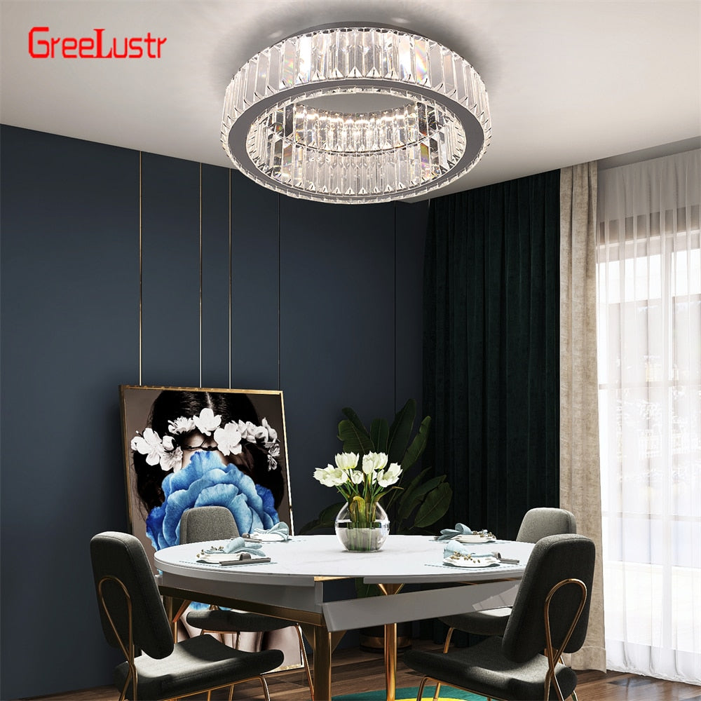 Modern Big Crystal Round Led Chandelier Dimmable Ceiling Light Fixture with Remote for Foyer Hall Bedroom Indoor Lights  Lustres