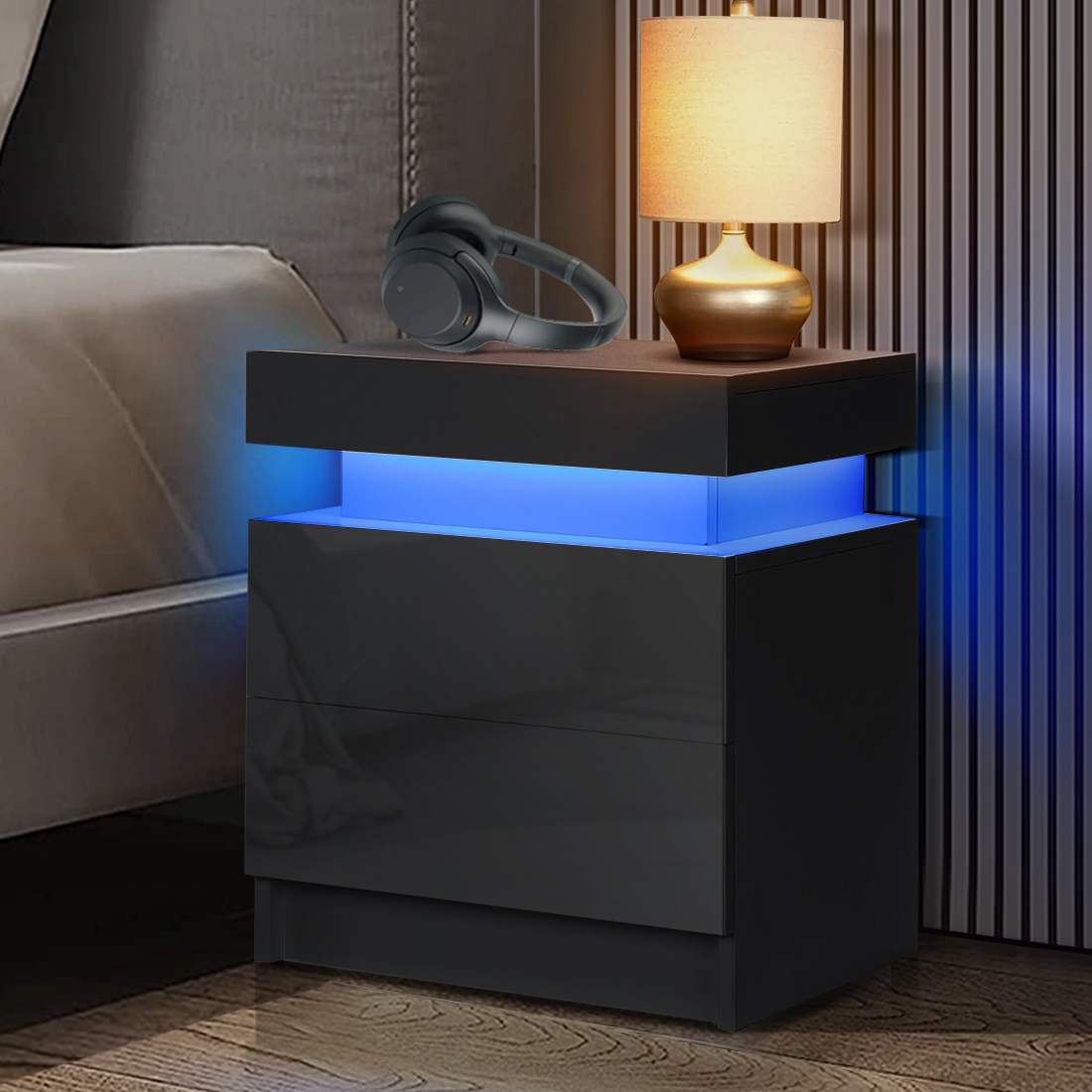 RGB LED Light Nightstand Bedside Table Cabinet With Drawer Home Bedroom Black High Gloss Finish Storage Organizer US Stock