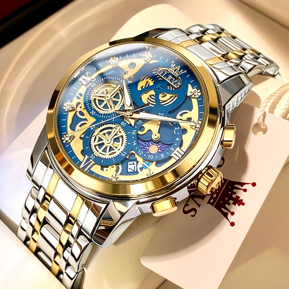 OLEVS Mens Watches Top Brand Luxury Original Waterproof Quartz Watch for Man Gold Skeleton Style 24 Hour Day Night New