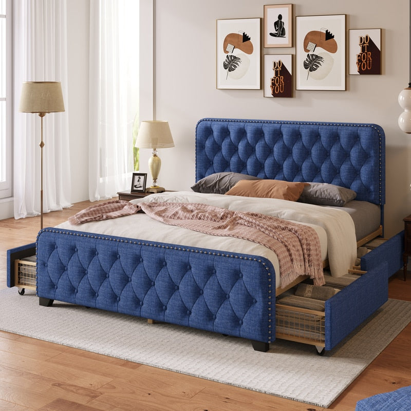 Upholstered Platform Bed Frame,Four Drawers,Button Tufted Headboard&Footboard Metal Support, Beige/blue,Queen/full/king