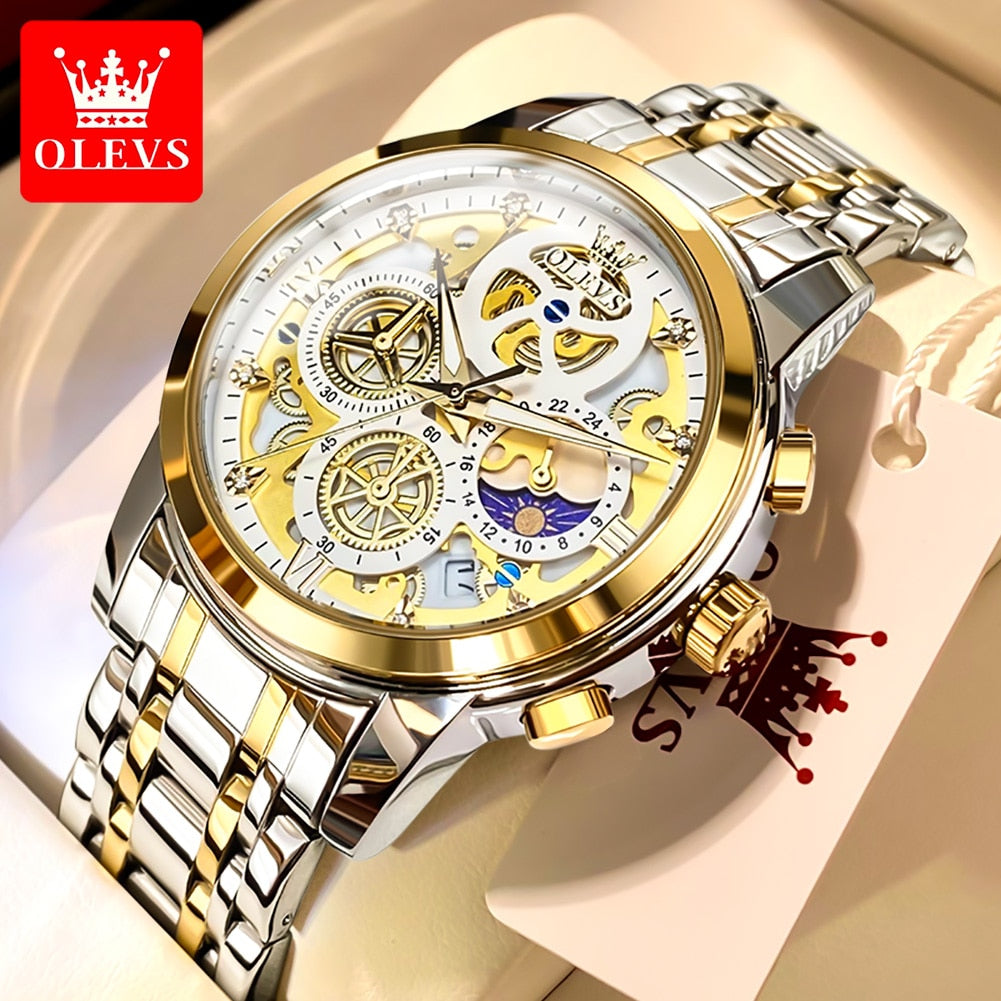 OLEVS Mens Watches Top Brand Luxury Original Waterproof Quartz Watch for Man Gold Skeleton Style 24 Hour Day Night New