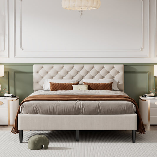 Upholstered Linen Platform Bed Frame with Button Tufted Headboard, Strong Wood Slat Support, Mattress Foundation