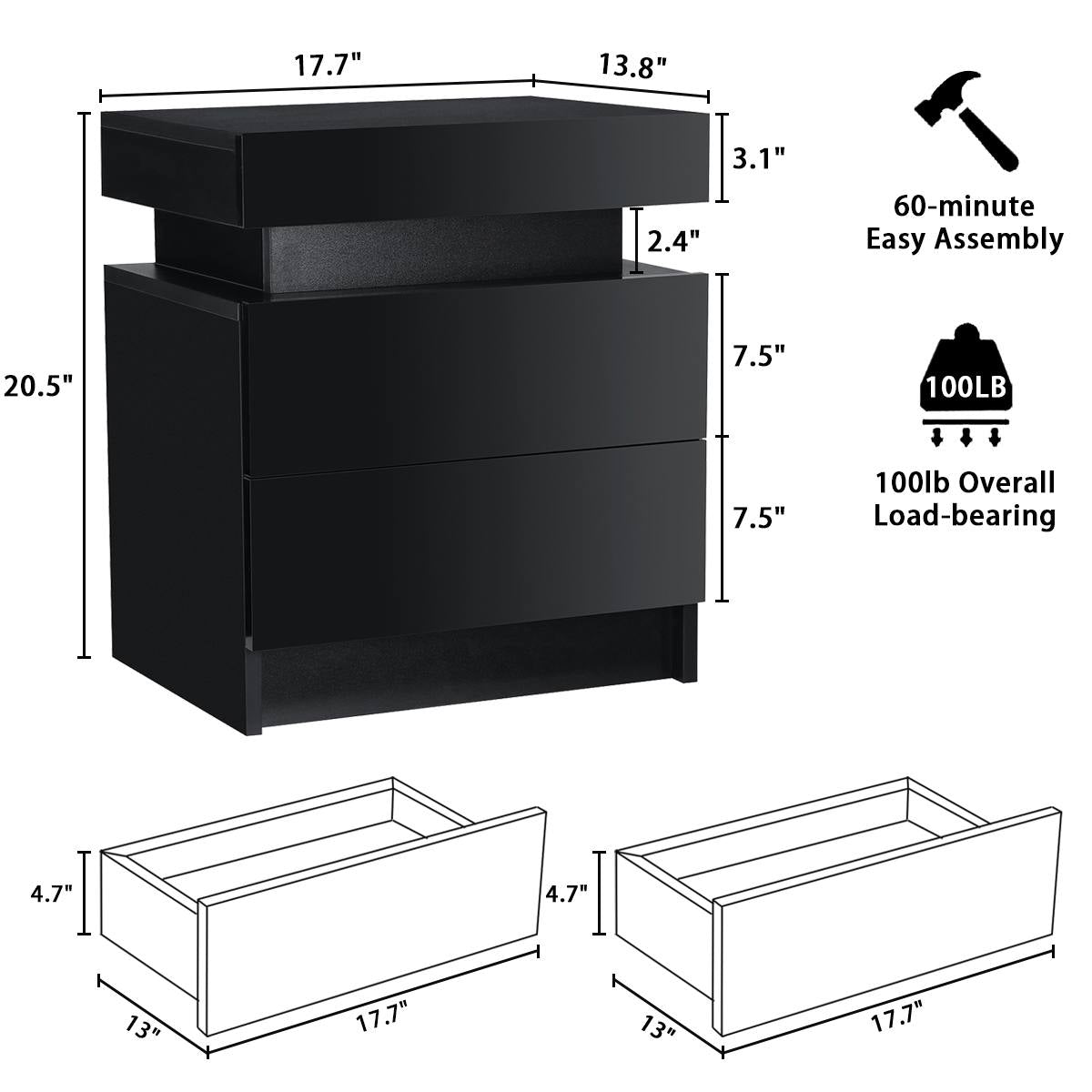 RGB LED Light Nightstand Bedside Table Cabinet With Drawer Home Bedroom Black High Gloss Finish Storage Organizer US Stock