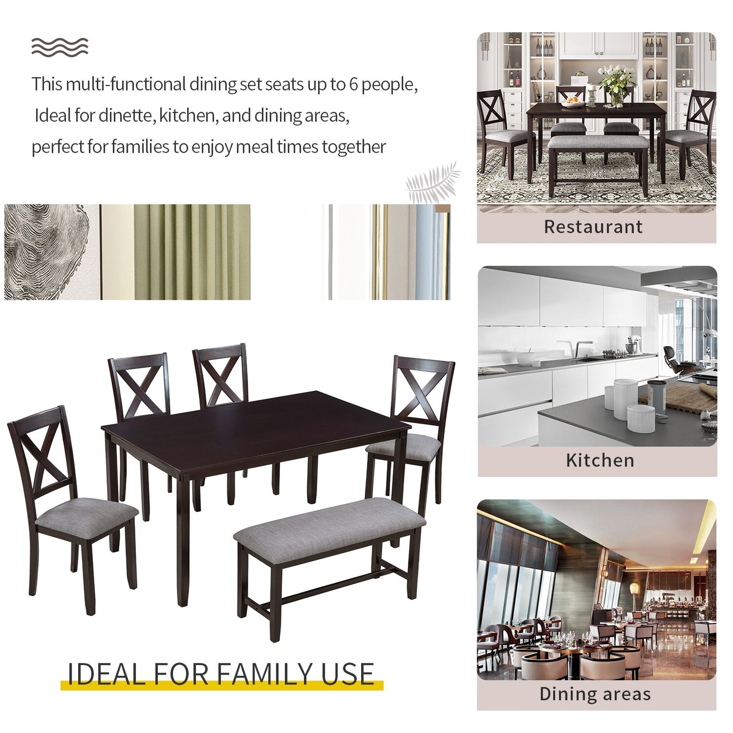 Kitchen Dining Set 6-Piece Black 4 Dining Chairs And Bench Home Family Furniture For 6 People Wooden Rectangular Dining Table