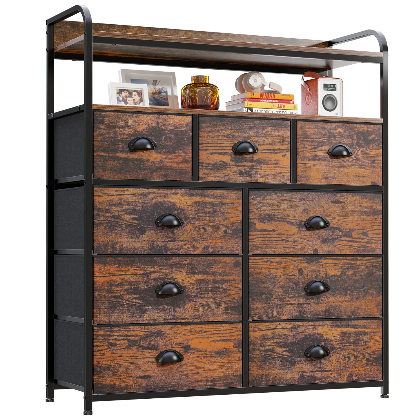 EnHomee Rustic Dressers for Bedroom 9 Drawer for Clothes Metal Frame Free Standing Home Furniture Fabric Dresser with Wood Top