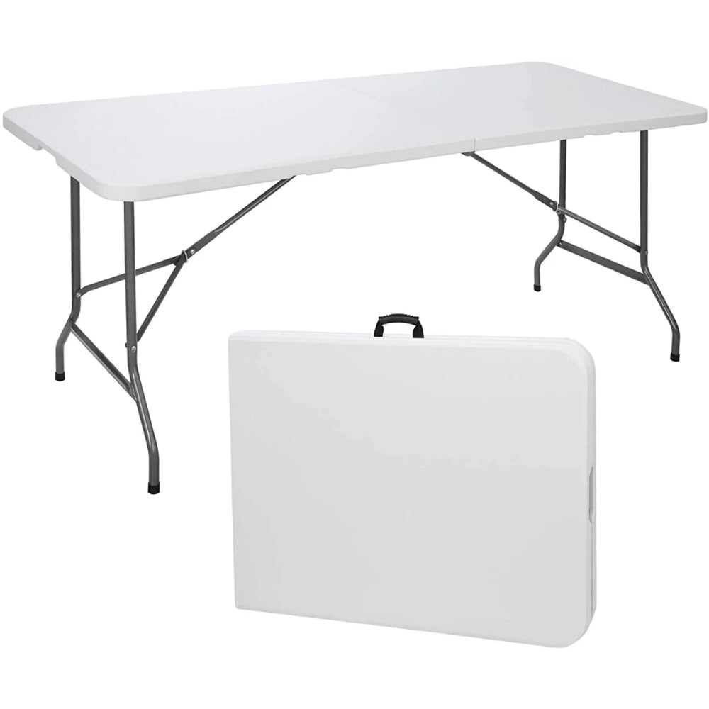 Folding Utility Table 6ft Fold-in-Half Portable Plastic Picnic Party Dining Camp Table White Camping Table Foldable