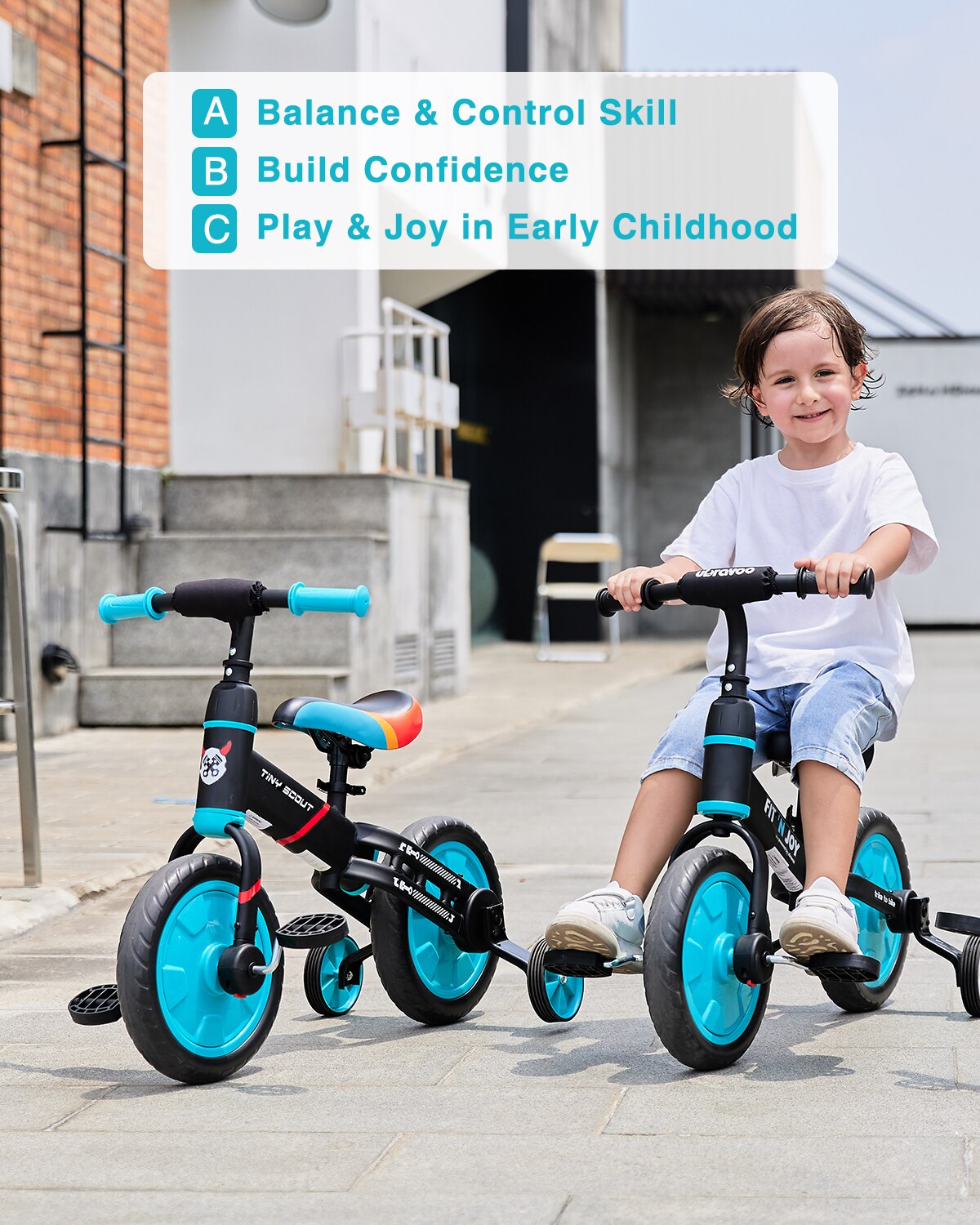 UBRAVOO Tiny Scout Balance Bike 3 4 5 Years , 4-in-1 with Optional Support Wheels and Pedals, Saddle Height Adjustable