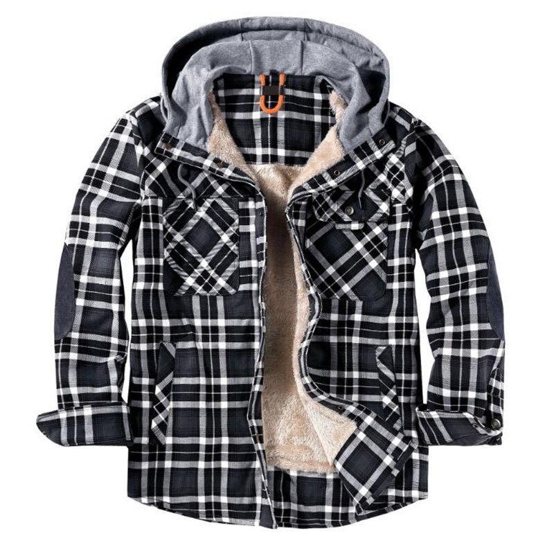 2023 Winter Casual Plaid Hooded Velvet Thickened Warm Men Shirt Mens Cotton Loose Long Sleeve Shirt