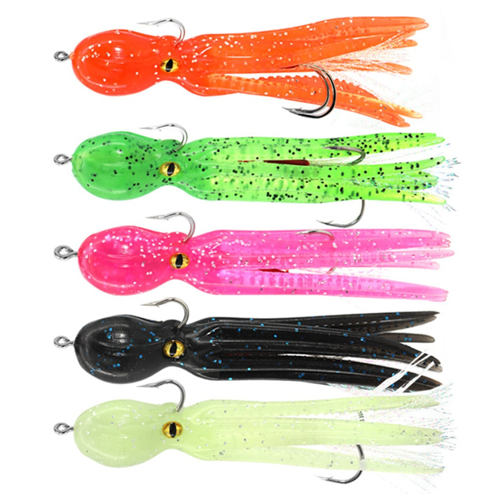 5pcs Octopus Swim Bait Soft Fishing Bait Skirt Tail Fishing Lure Saltwater Metal Jig Head Lure Rockfish Lingcod Bass Fishing