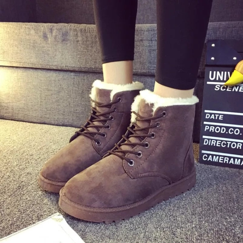 Women Winter Snow Boots Warm Flat  Platform Lace Up Ladies Womens Shoes New Flock Fur Suede Ankle Boots Female