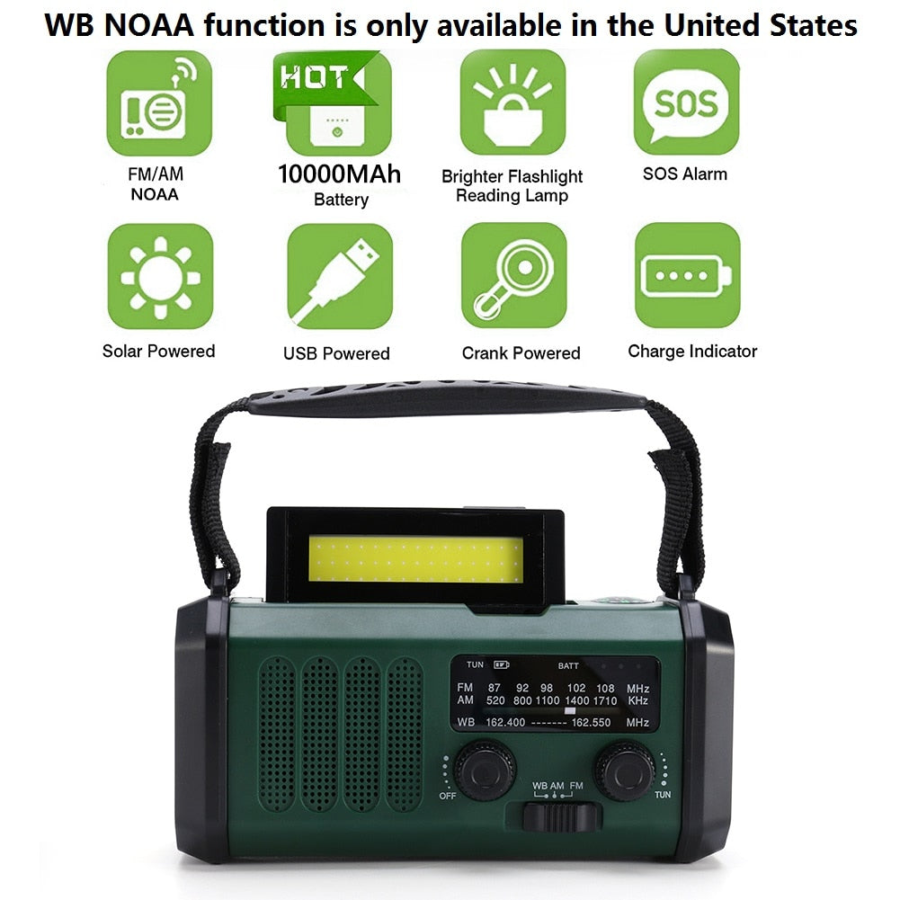 10000mAh Emergency Solar Power Radio Hand Crank Dynamo Wind Up Phone Charger Bank SOS AM/FM/NOAA Pocket Flashlight Radio