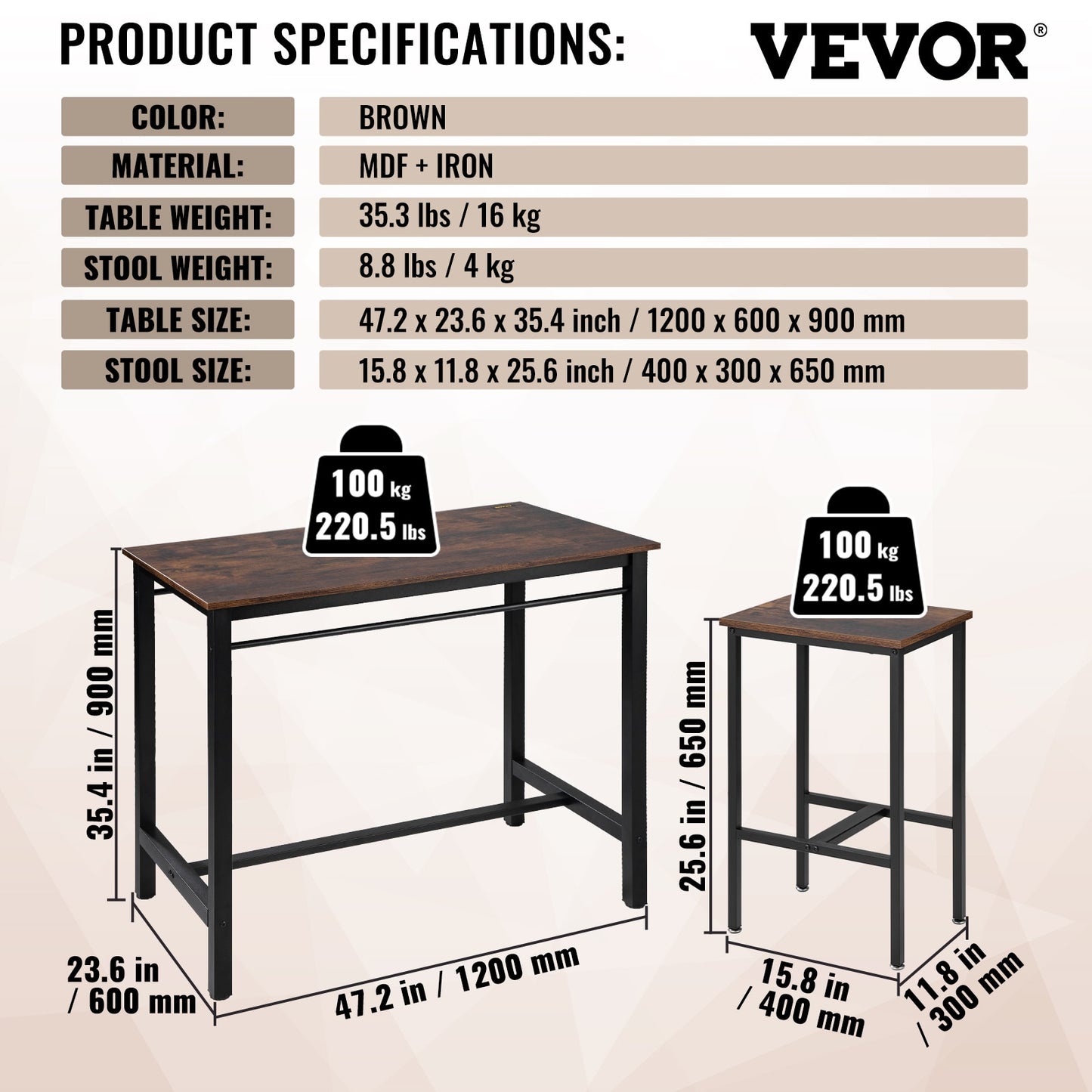 VEVOR Bar Table Set 3/5 Pieces Tall Table with 2/4 Round/Square Bar Stools for Home Kitchen Living Room Rustic Brown