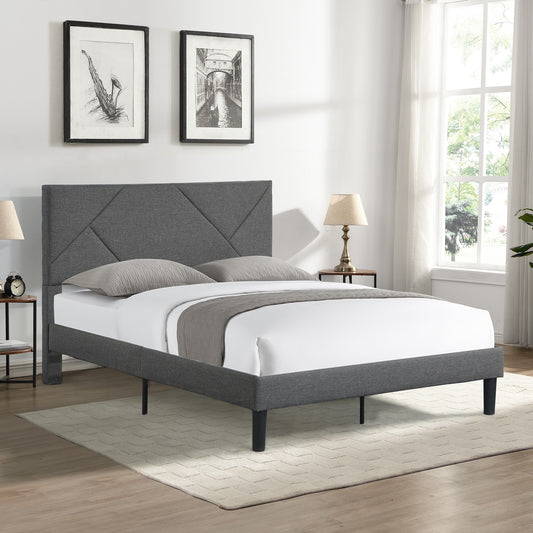 Full Size Upholstered Platform Bed Frame with Headboard Strong Wood Slat Support Mattress Foundation Easy Assembly Gray