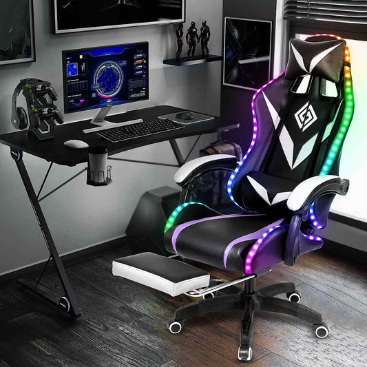 RGB Light Gaming Chair Office Chair Gamer Computer Chair Ergonomic Swivel Chair 2 Point Massage 135° Reclining with Footrest