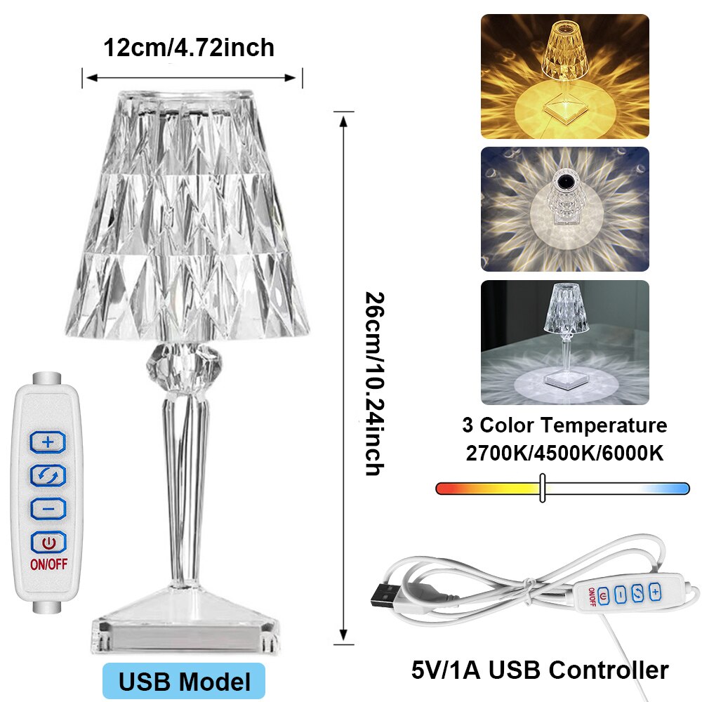 USB Rechargeable Diamond Table Lamp Touch Control Dimmable Crystal Rose Night Light For Bedroom Bedside Bar Acrylic Decoration