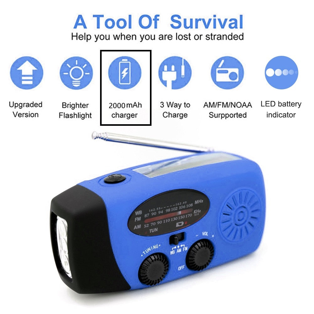 10000mAh Emergency Solar Power Radio Hand Crank Dynamo Wind Up Phone Charger Bank SOS AM/FM/NOAA Pocket Flashlight Radio