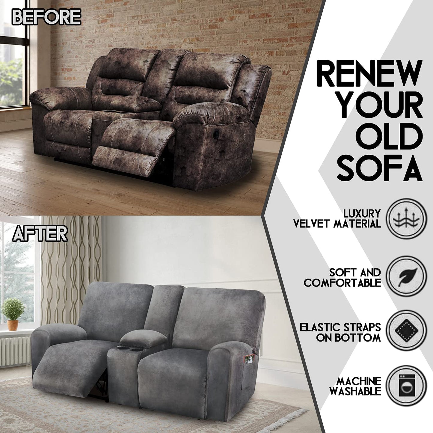 Recliner Sofa Covers 2 Seater Sofa Covers with Cup Holder Velvet Stretch Recliner Loveseat Slipcovers with Middle Console