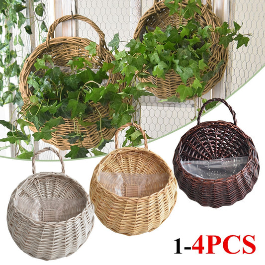 1-4PCS Hanging Planter Wall Mounted Handmade Wicker Flower Pot Hanging Woven Rattan Flower Plant Basket Balcony Garden Decor