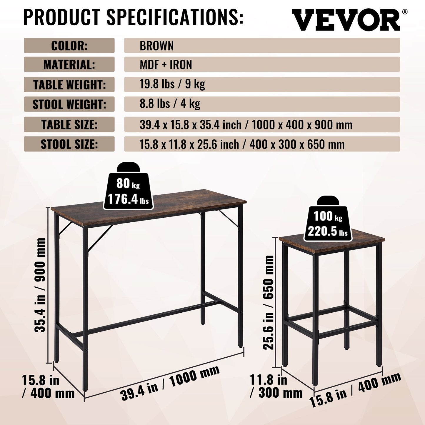 VEVOR Bar Table Set 3/5 Pieces Tall Table with 2/4 Round/Square Bar Stools for Home Kitchen Living Room Rustic Brown