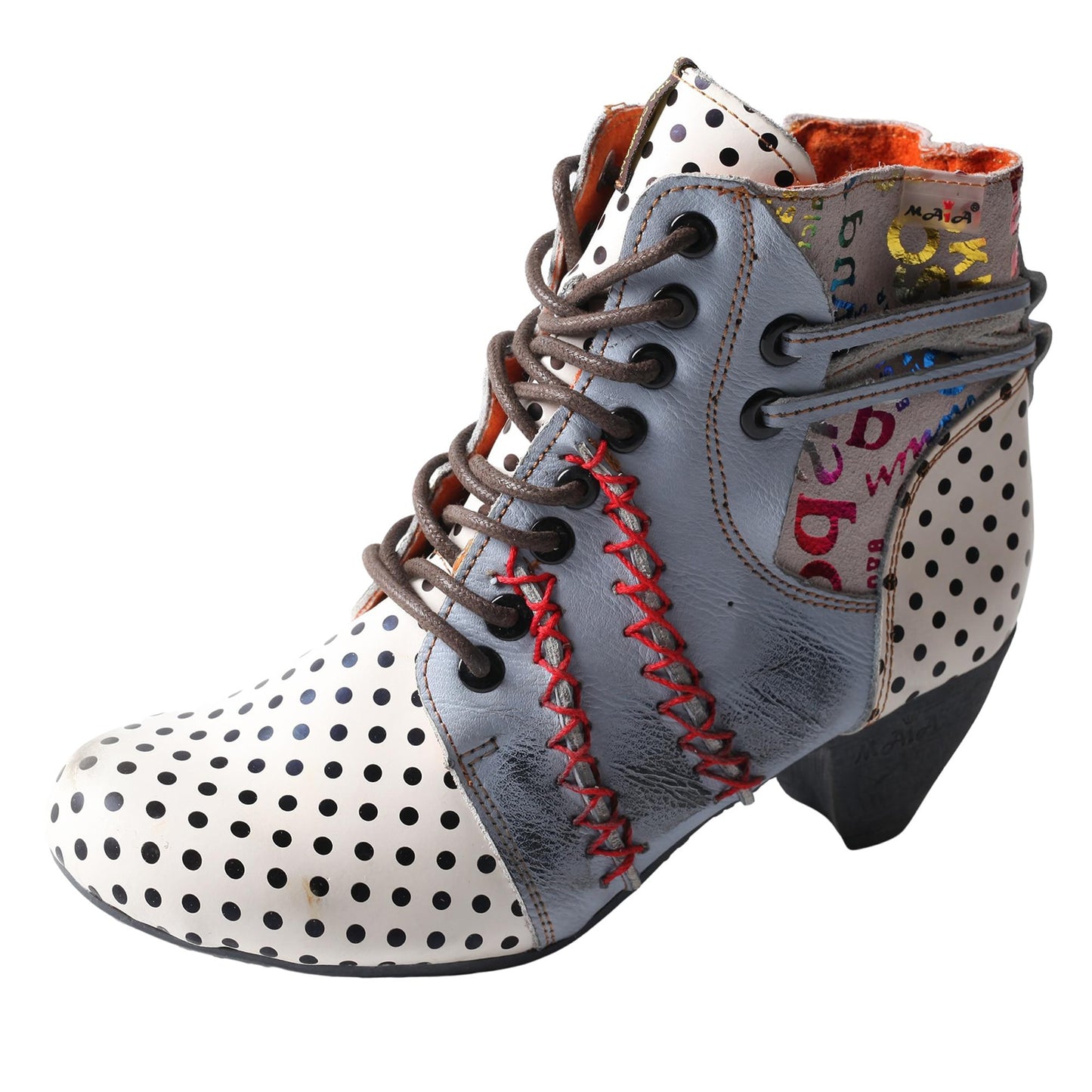 TMA EYES Polka Dot Leather Women Boots with Moccasin Hand Stitching