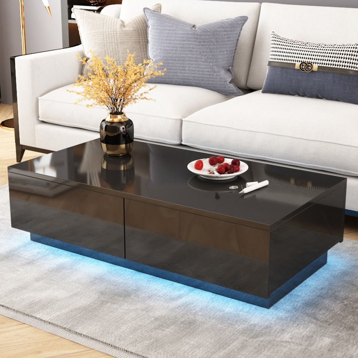 RGB LED Tea Table End Table For Home Office Coffee Table Wooden 4 Drawers Magazine Shelf Sofa Side Table