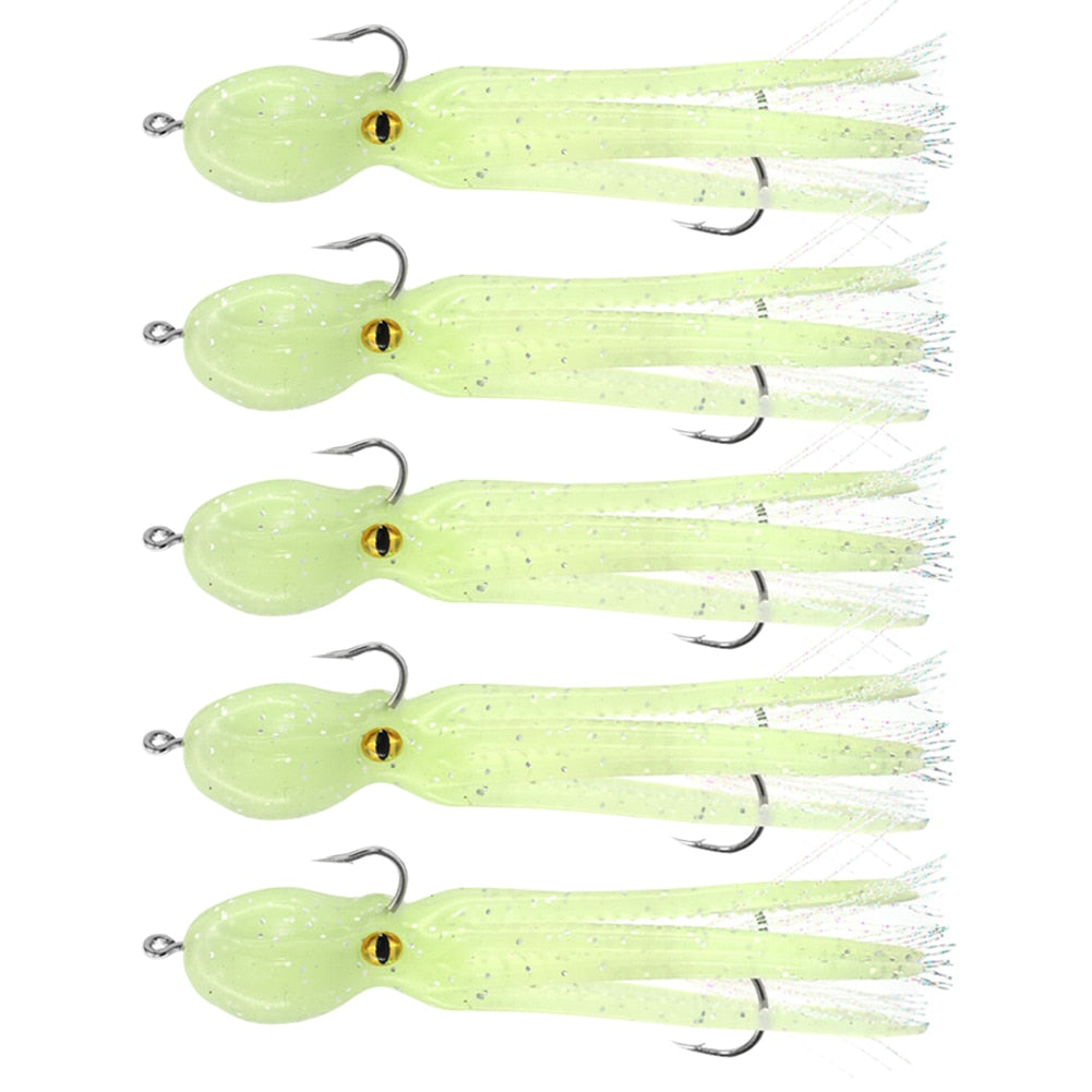 5pcs Octopus Swim Bait Soft Fishing Bait Skirt Tail Fishing Lure Saltwater Metal Jig Head Lure Rockfish Lingcod Bass Fishing