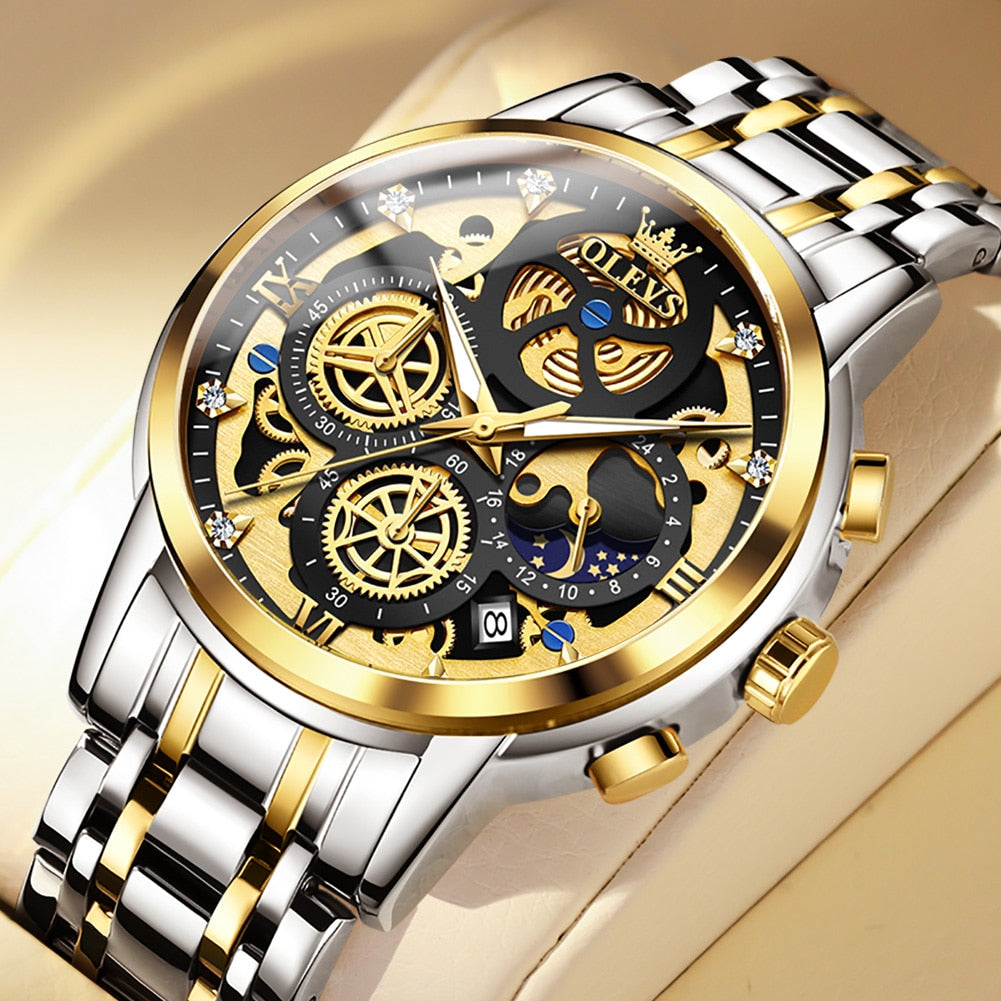 OLEVS Mens Watches Top Brand Luxury Original Waterproof Quartz Watch for Man Gold Skeleton Style 24 Hour Day Night New