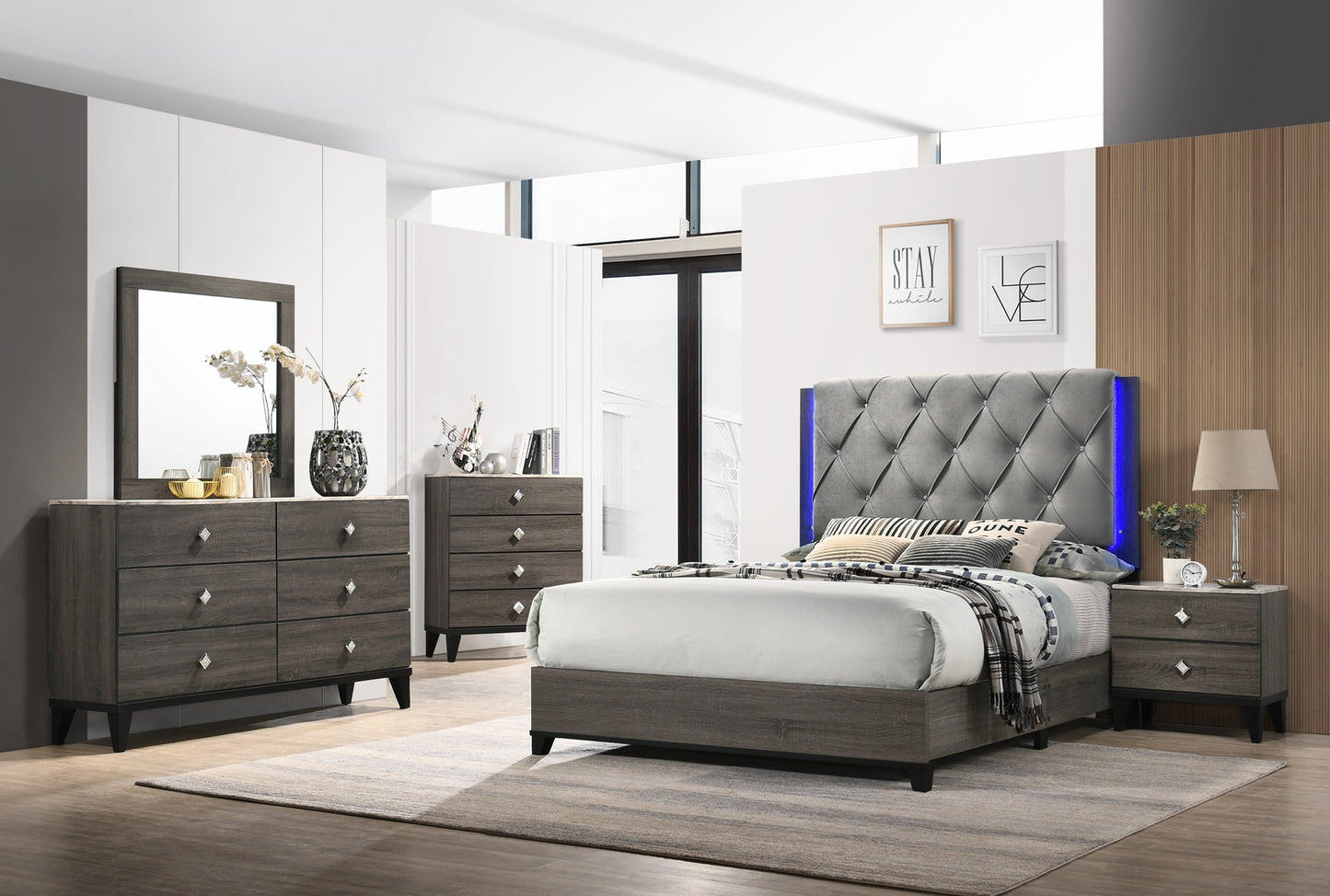 Bedroom Furniture – Athens 6-Piece Queen Size Bedroom Set. Bed, Dresser, Mirror, Chest & 2 Night Stands