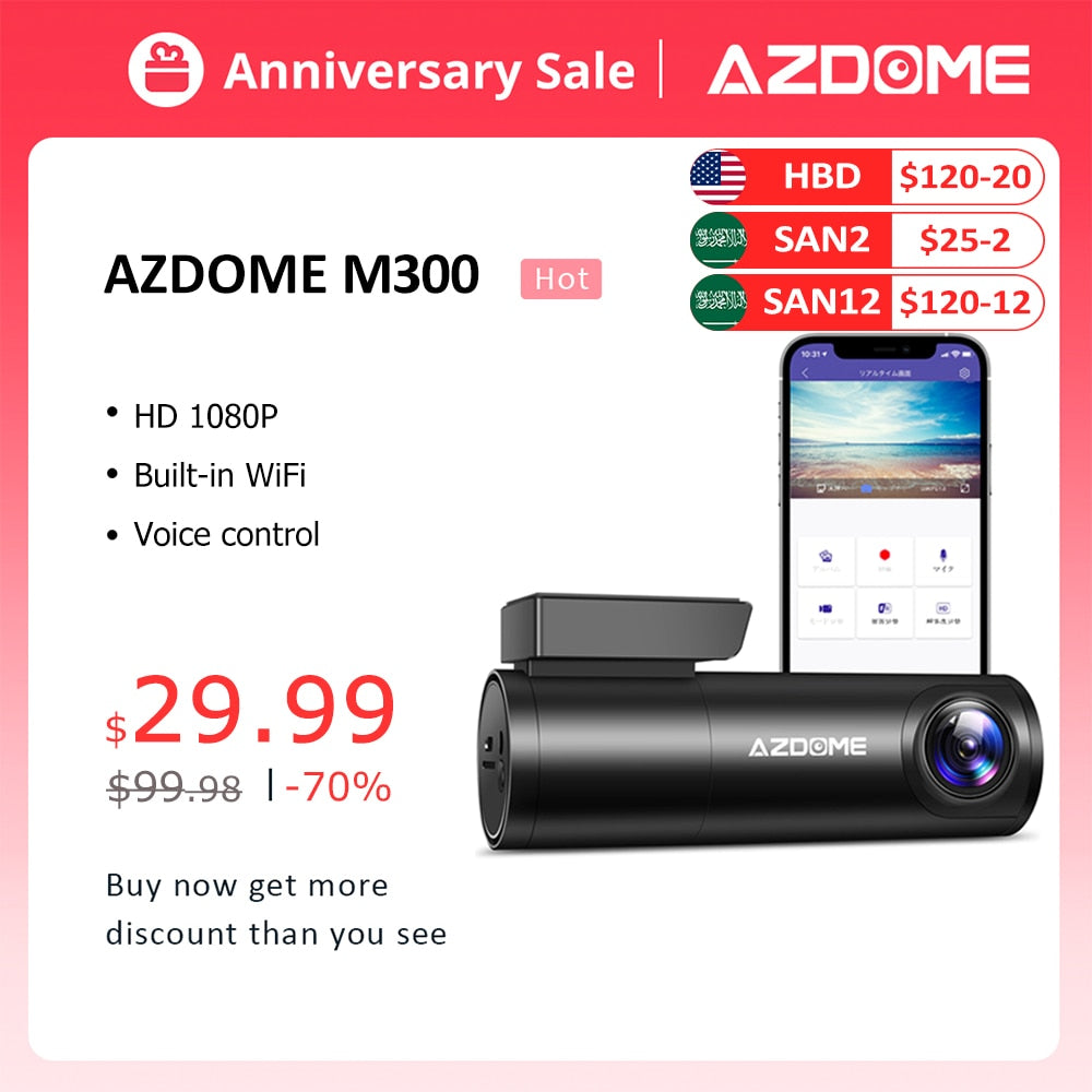 AZDOME M300 Car DVR Voice Control Dash Cam 1296P WiFi Dashcams Hidden Car Camera Night Vision G-Sensor 24H Parking Monitor