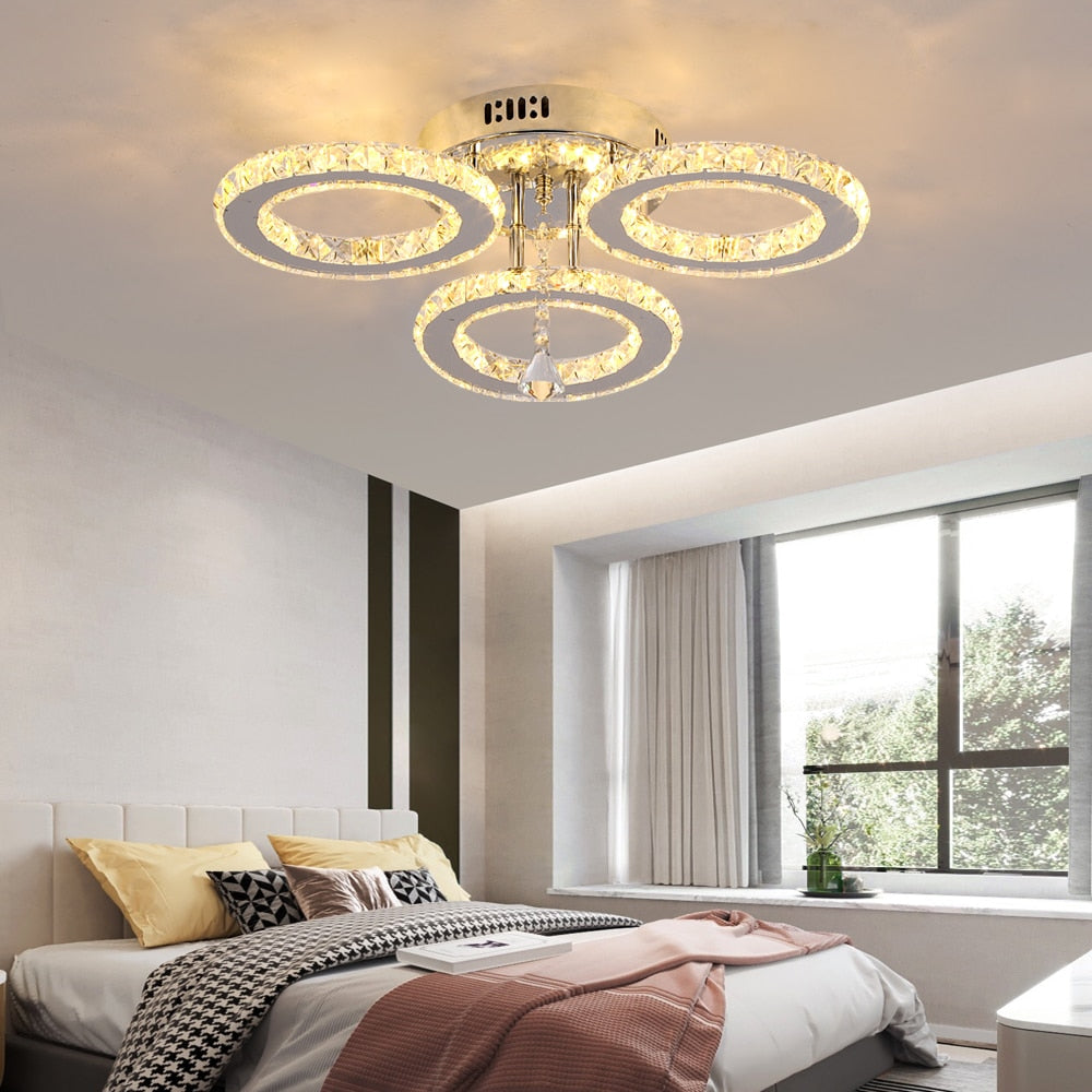 Modern Lustres K9 Crystal Chandelier Ceiling Lamps 3 Rings Stainless Steel Hanging Light Fixture 30W Led Pendant Lamp Home Deco