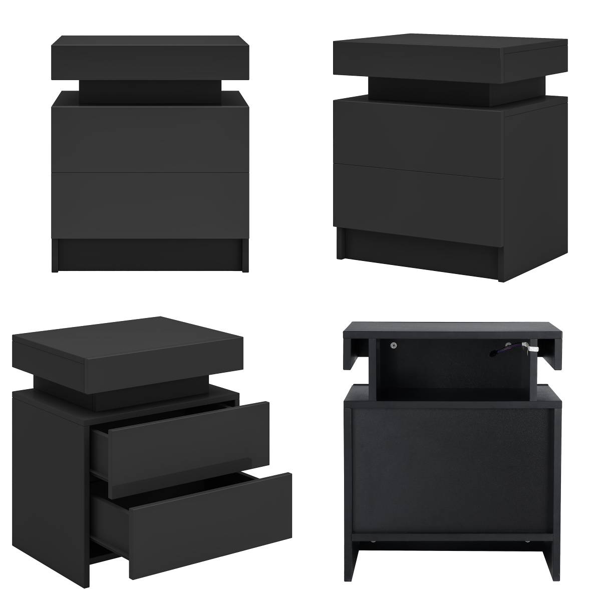 RGB LED Light Nightstand Bedside Table Cabinet With Drawer Home Bedroom Black High Gloss Finish Storage Organizer US Stock