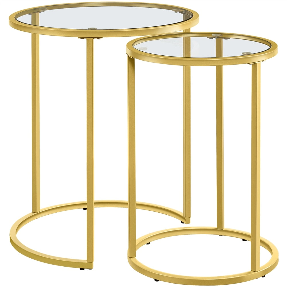 Round Metal Nesting End Table Set of 2 with Glass Top for Living Room