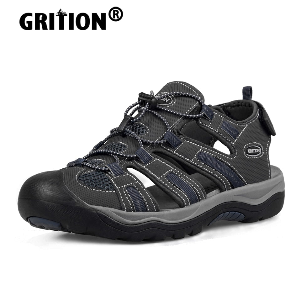 GRITION Mens Outdoor Trekking Sandals Summer Flat Non Slip Collision Avoidance Quick Drying Beach Shoes