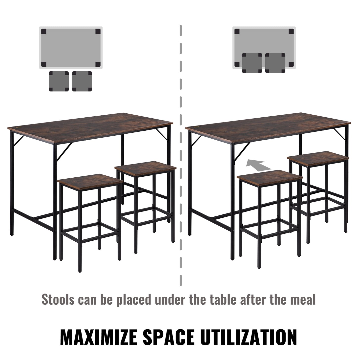 VEVOR Bar Table Set 3/5 Pieces Tall Table with 2/4 Round/Square Bar Stools for Home Kitchen Living Room Rustic Brown