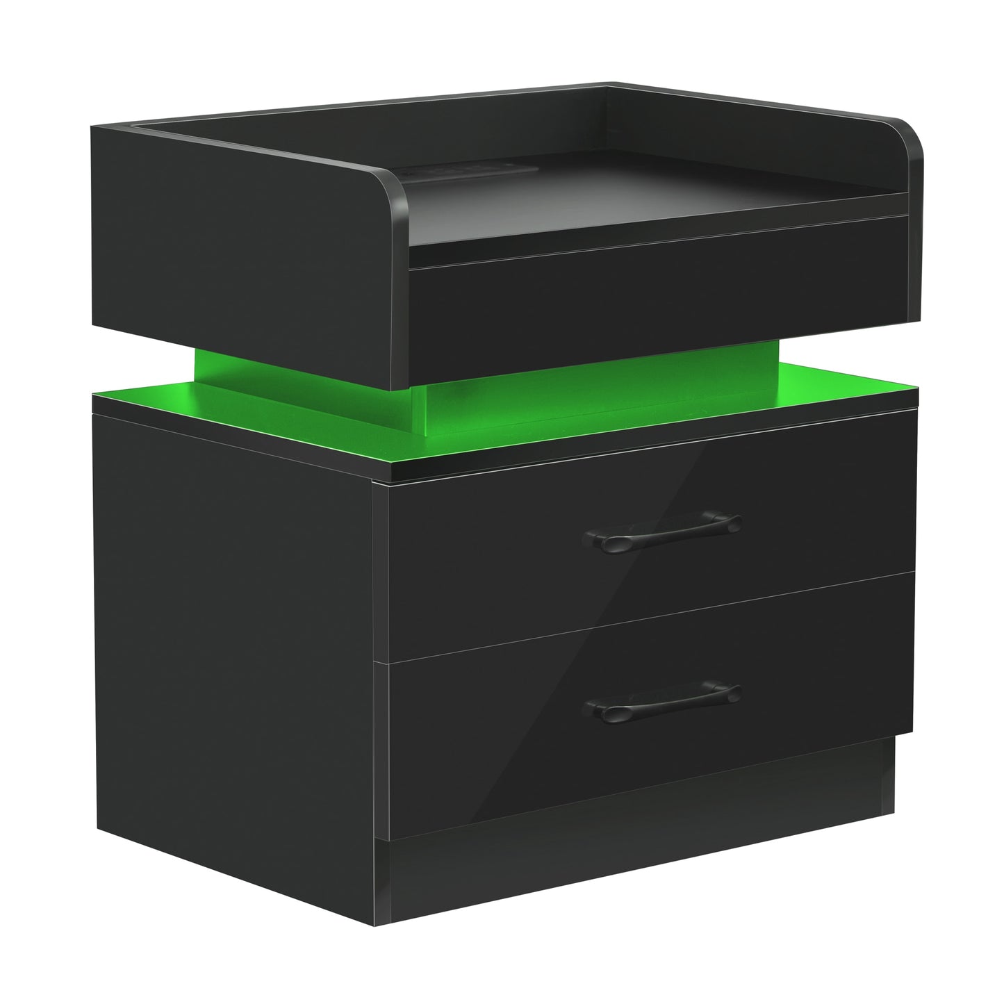 Auto LED Nightstand with Wireless Charging Station &amp; USB Ports,High Gloss Bedside Tables with 2 Drawers