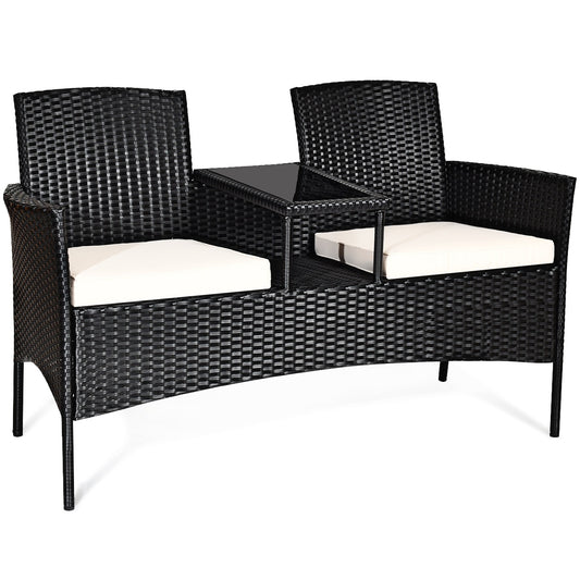 Costway Patio Rattan Conversation Set Seat Sofa Cushioned Loveseat Glass Table Chairs