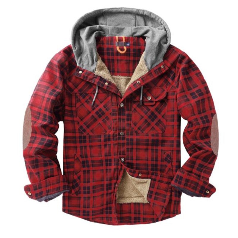 2023 Winter Casual Plaid Hooded Velvet Thickened Warm Men Shirt Mens Cotton Loose Long Sleeve Shirt