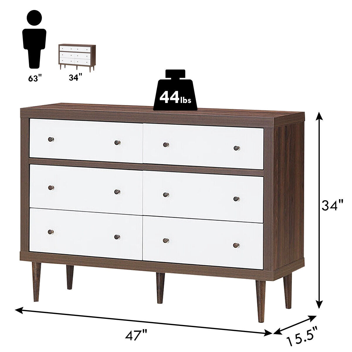 Costway 6 Drawer Dresser Wood Chest of Drawers Storage Freestanding Cabinet Organizer