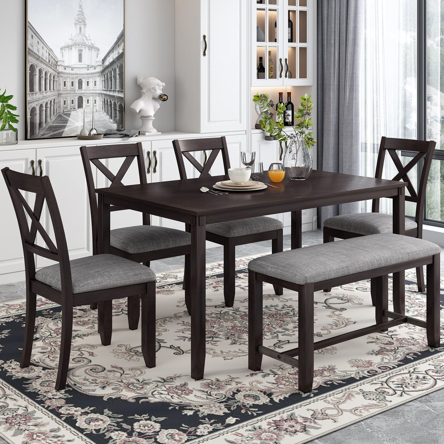 Kitchen Dining Set 6-Piece Black 4 Dining Chairs And Bench Home Family Furniture For 6 People Wooden Rectangular Dining Table