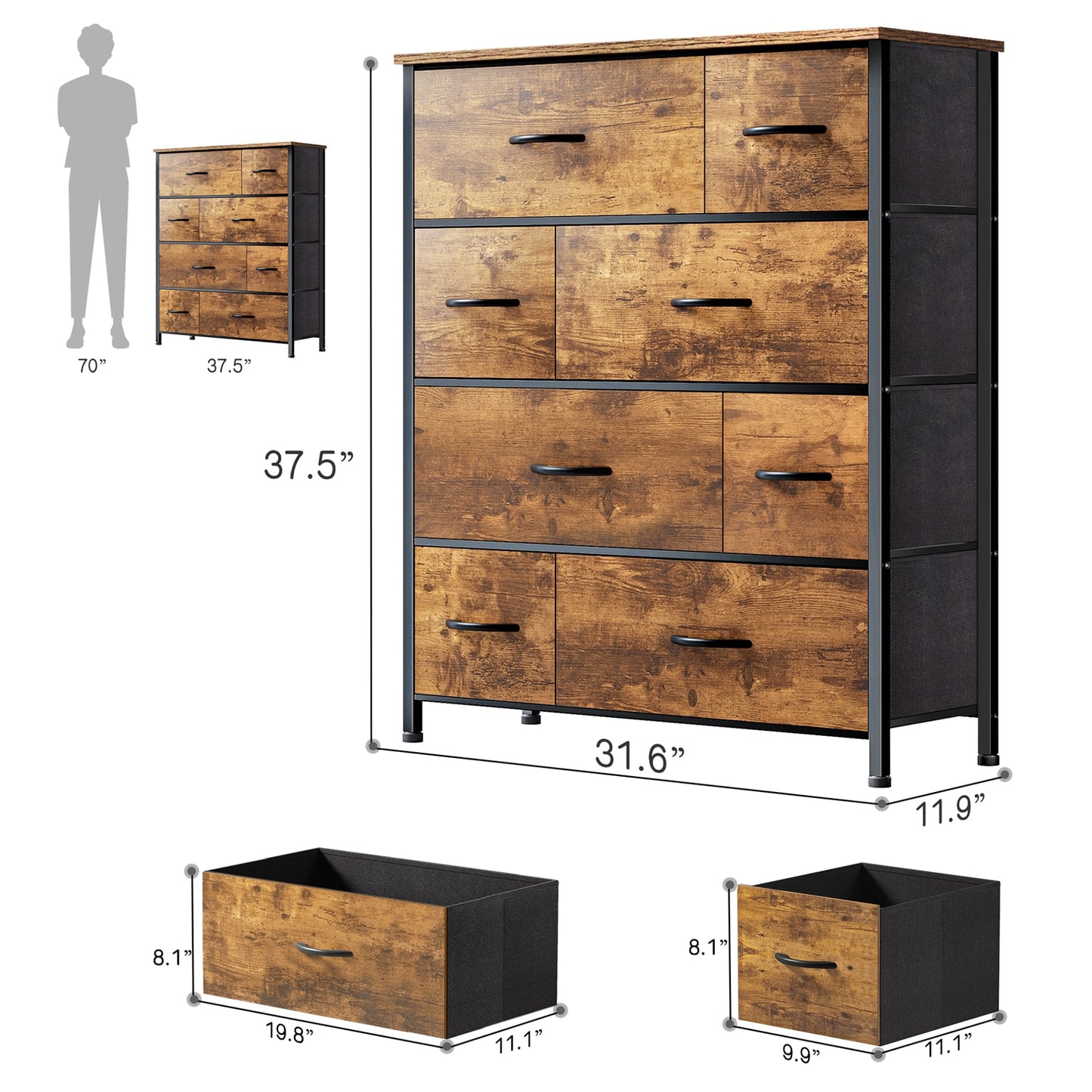 8 Drawer Dresser for Bedroom Fabric Dressers & Chest of Drawers with Wood Top Tall Dresser Near the Bed Storage Cabinet