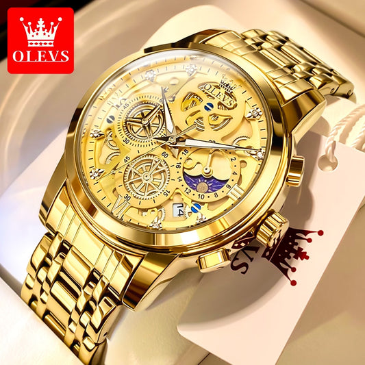 OLEVS Mens Watches Top Brand Luxury Original Waterproof Quartz Watch for Man Gold Skeleton Style 24 Hour Day Night New