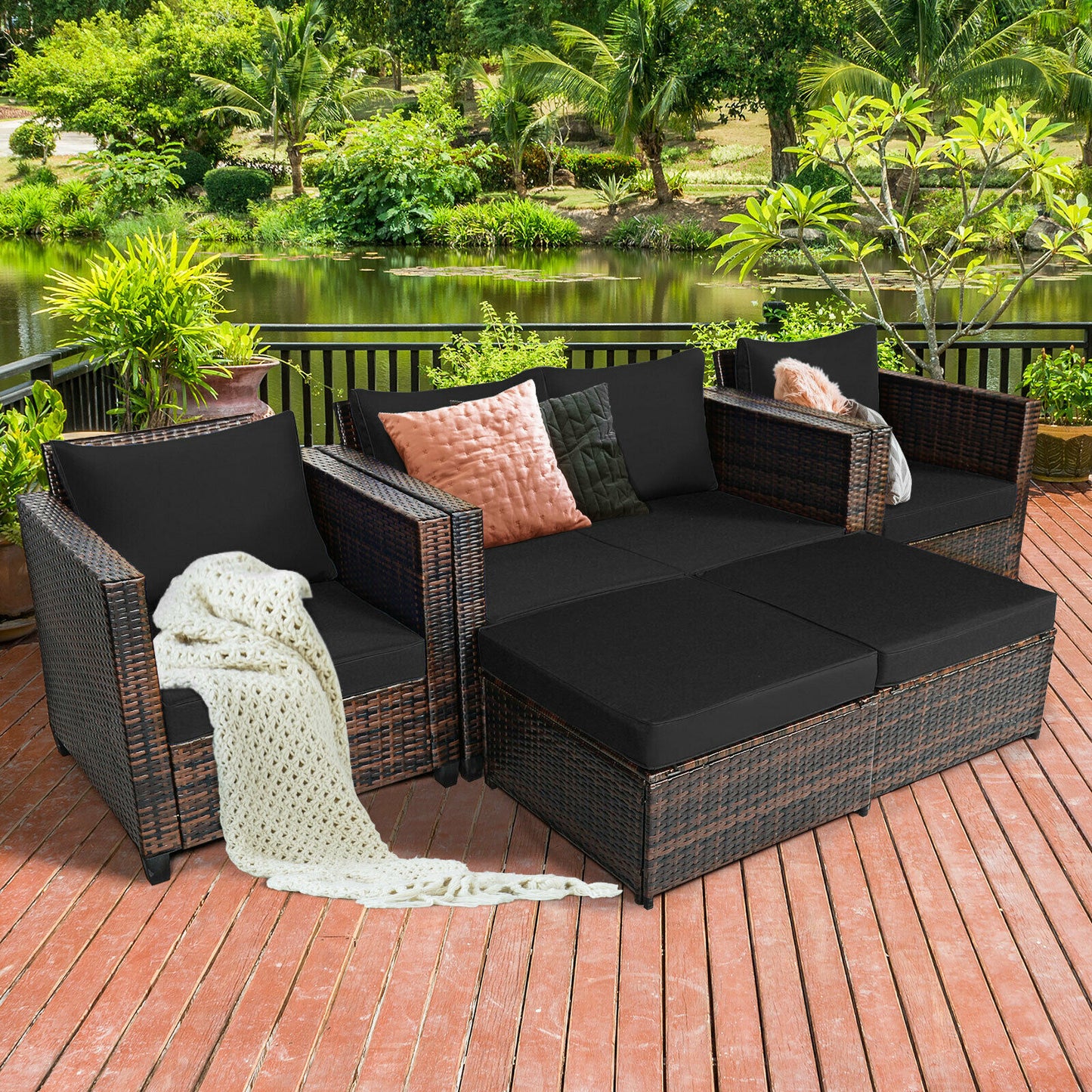 Patiojoy 5PCS Patio Rattan Furniture Set Loveseat Sofa Ottoman Cushioned Black