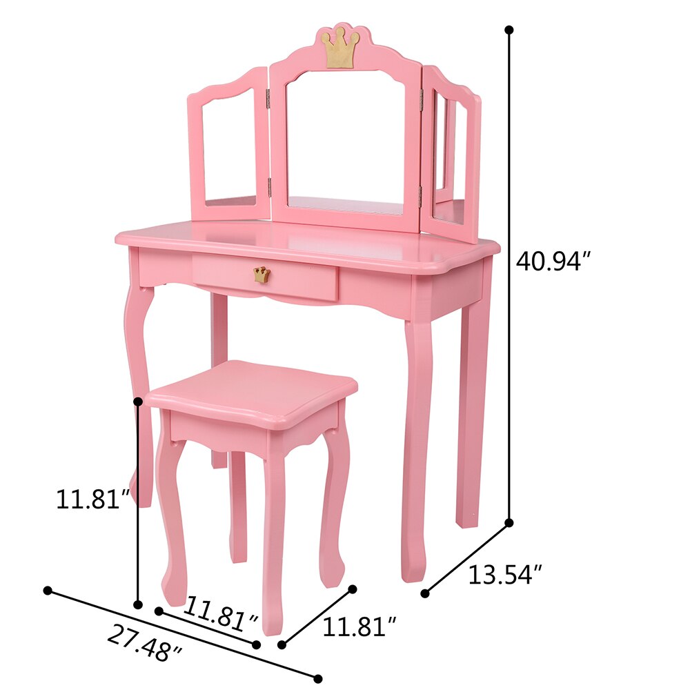 Childrens Wooden Dresser Three Sides Folding Mirror Dresser Chair Single Drawer Pink Crown For Bedroom Dressing Room