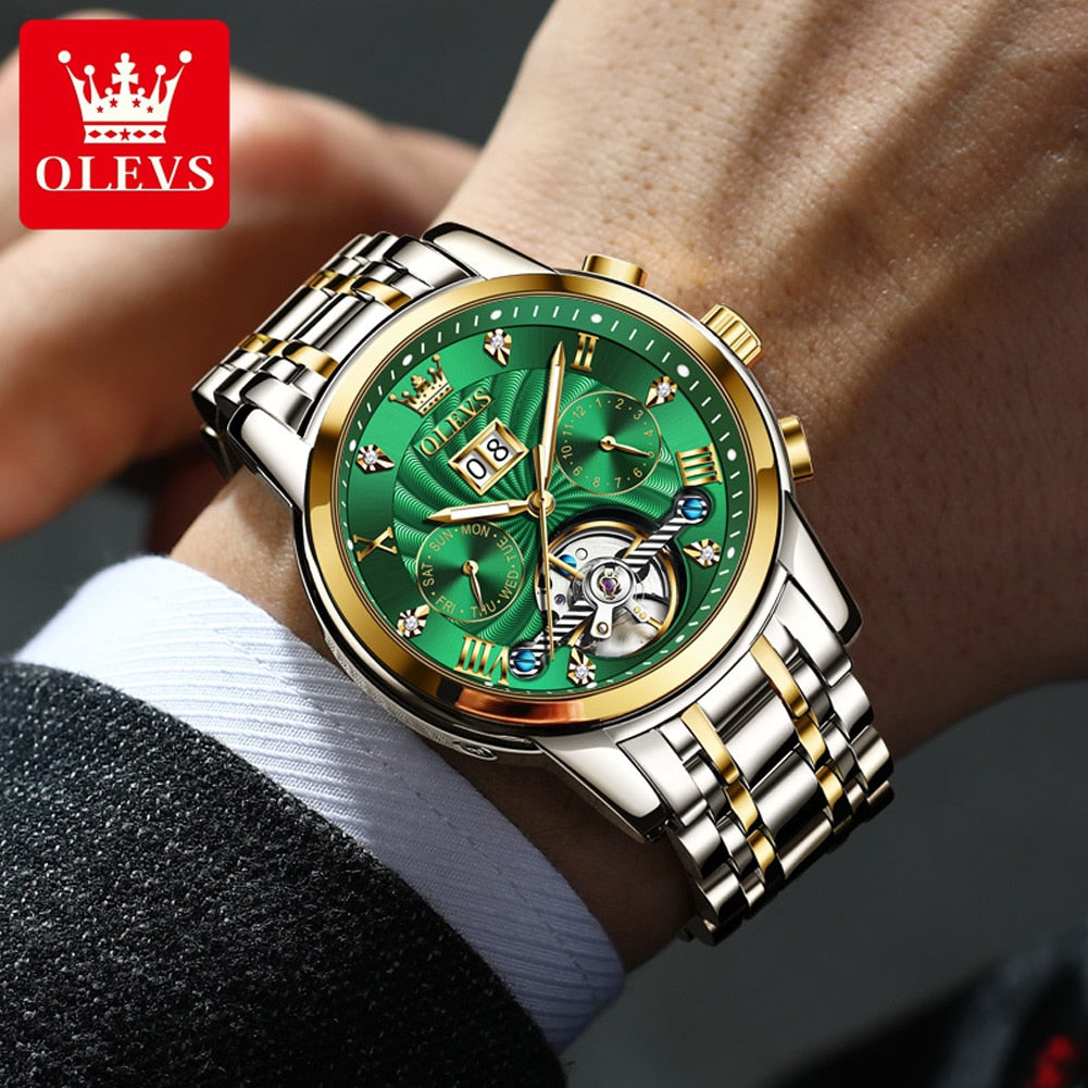 OLEVS Mens Watch Automatic Mechanical Tourbillon Slef-Wind Luxury Stainless Steel Waterproof Luminous Date Wrist Watch