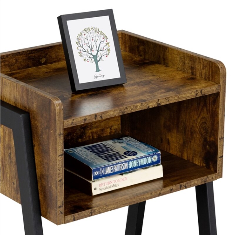 Industrial Wood End Table with Storage, Set of 2, Rustic Brown Finish