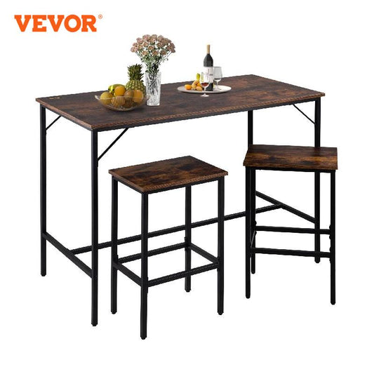 VEVOR Bar Table Set 3/5 Pieces Tall Table with 2/4 Round/Square Bar Stools for Home Kitchen Living Room Rustic Brown