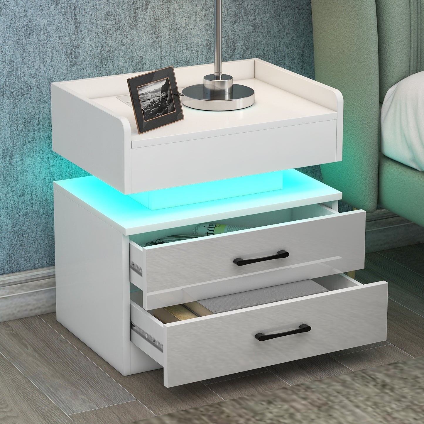 Auto LED Nightstand with Wireless Charging Station &amp; USB Ports,High Gloss Bedside Tables with 2 Drawers