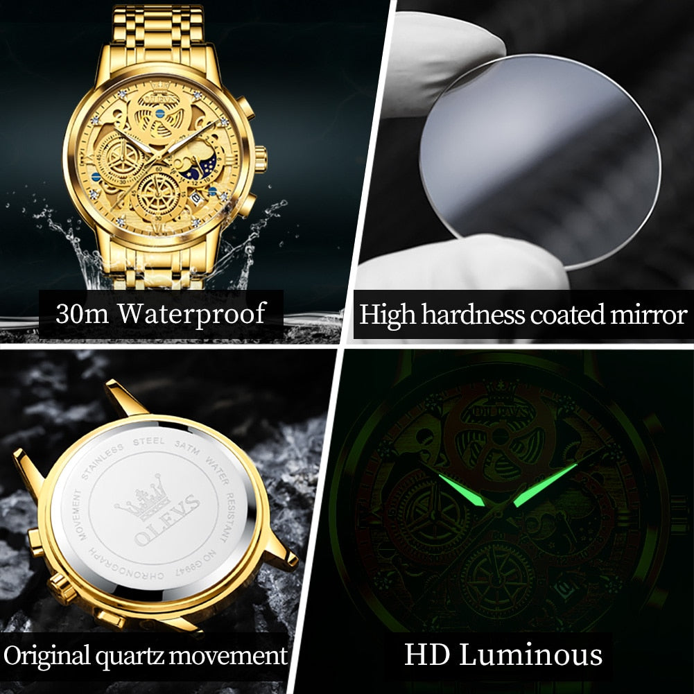 OLEVS Mens Watches Top Brand Luxury Original Waterproof Quartz Watch for Man Gold Skeleton Style 24 Hour Day Night New